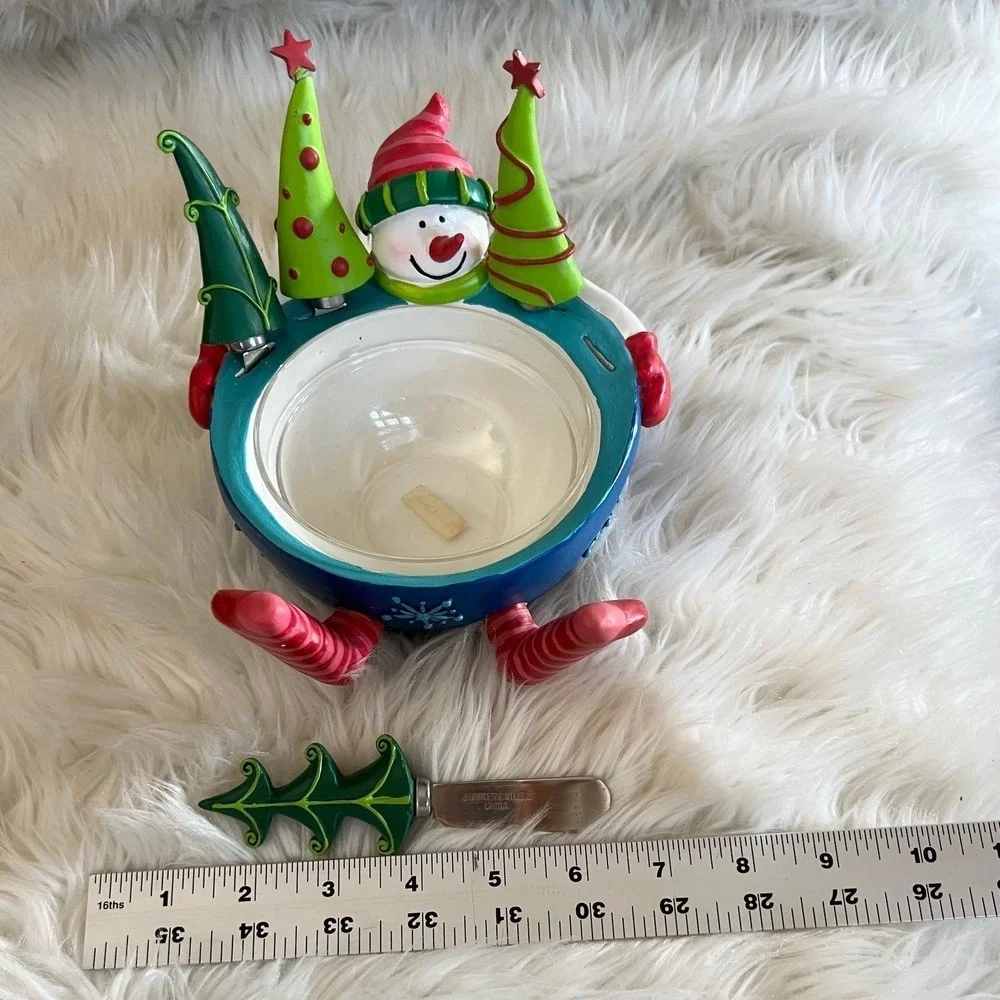 Snowman Christmas Dip Bowl Set with 4 Tree Handle Stainless Steel Spreaders